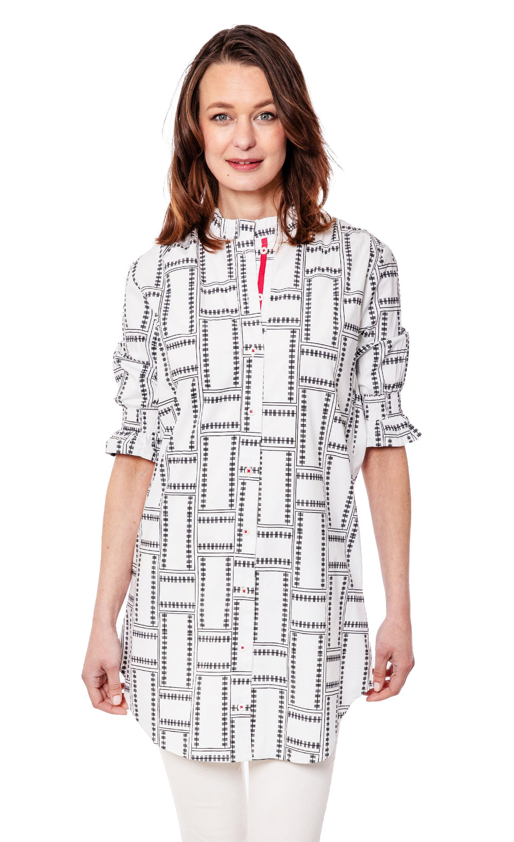 Big Shirt Tunic with Ruffle Sleeves White Geo from KADOU Boutique
