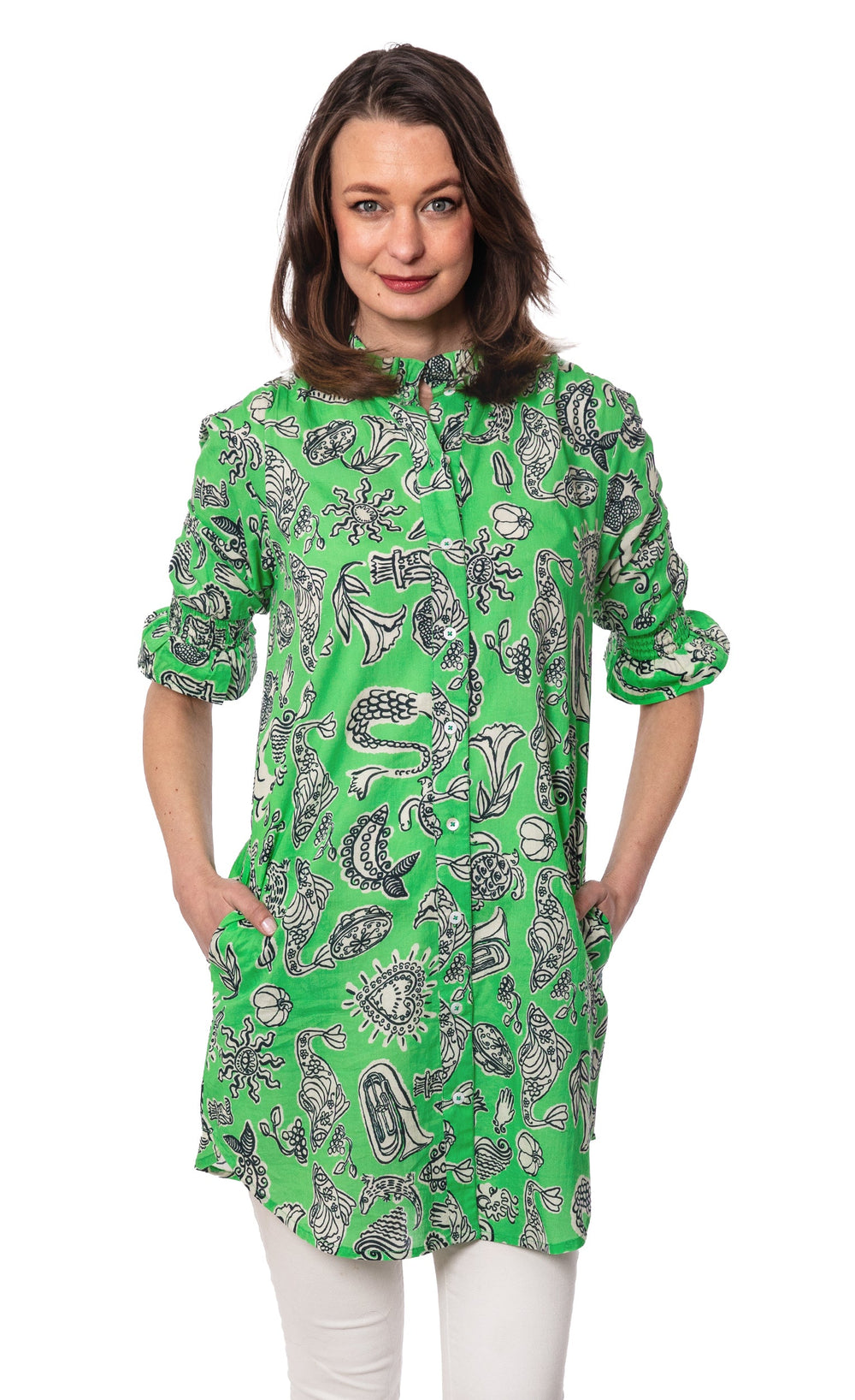 Big Shirt Tunic with Ruffle Green Whimsy Print from KADOU Boutique