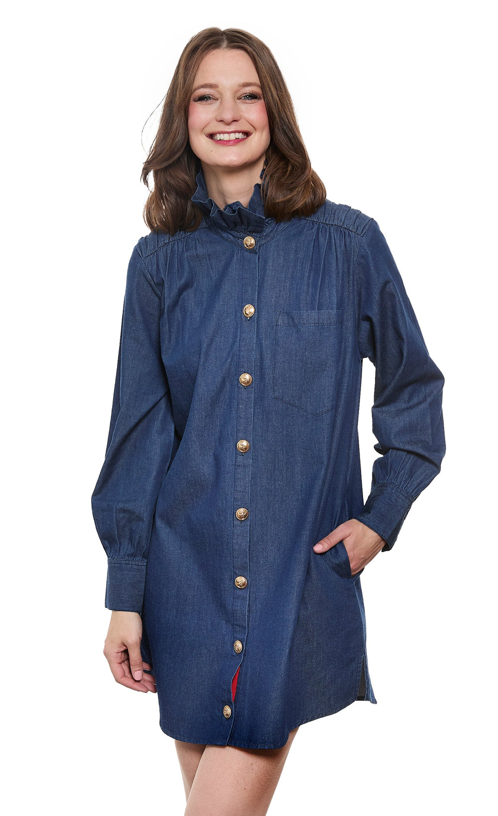 Denim Tunic with Ruffle Neck and Side Pockets from KADOU Boutique