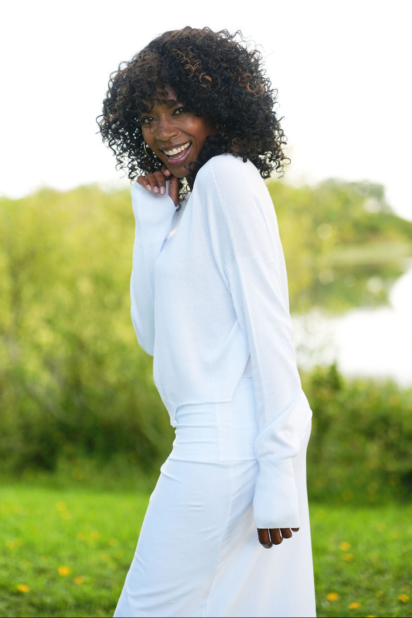 Pima Cotton Mini Knit Crewneck Sweater - White from KADOU Boutique