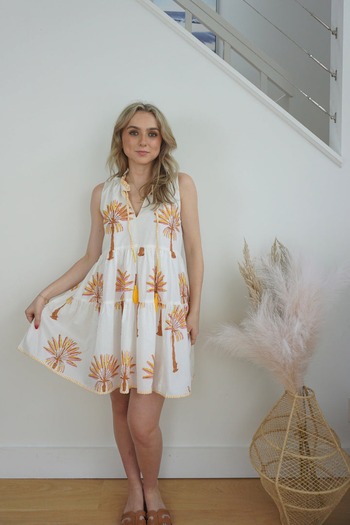 Molly Mini Dress - Yellow/Pink Palms