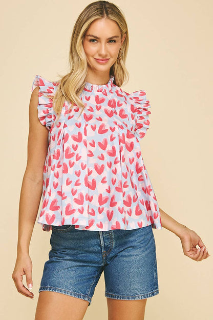 HEART PRINT RUFFLED SLEEVE TOP