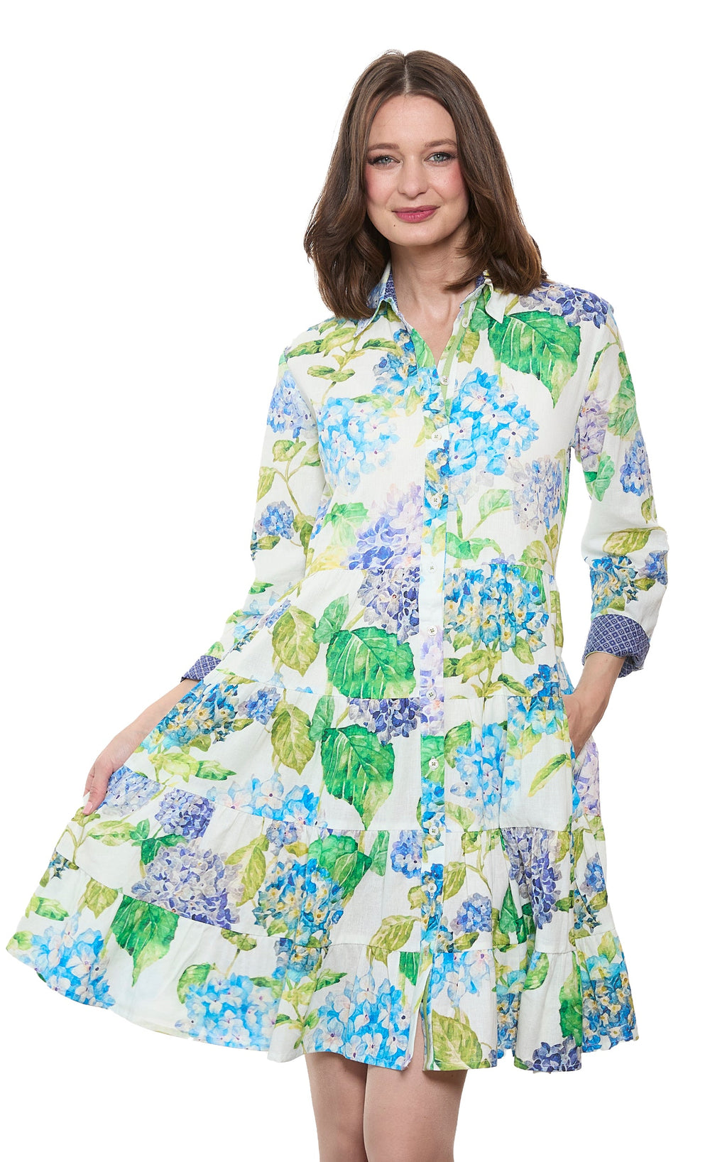 Delray Dress Linen Cotton Hydrangeas Print from KADOU Boutique