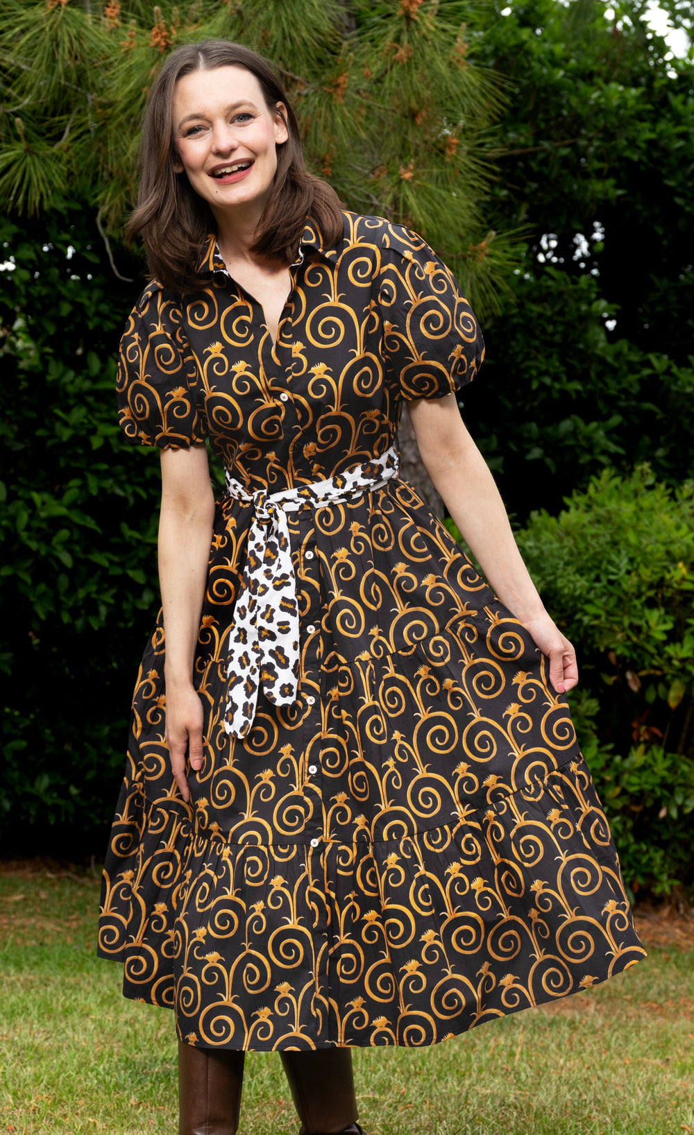 Litchfield Dress Black and Gold Swirl Print from KADOU Boutique