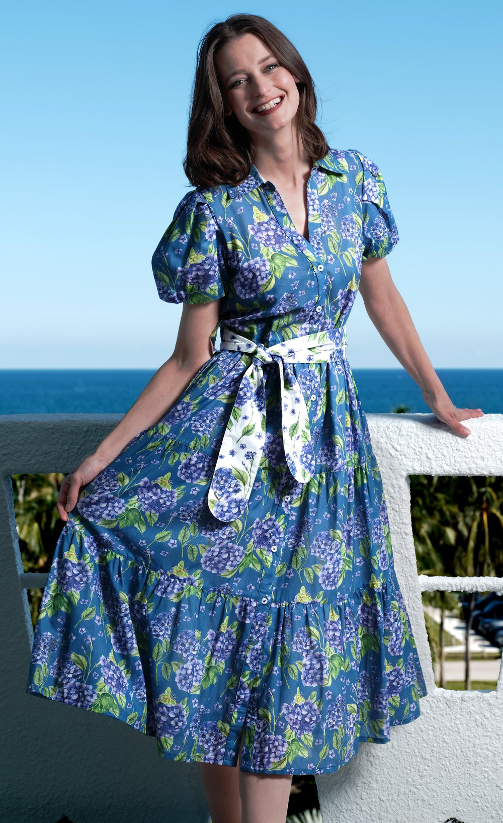 Litchfield Dress Navy Ground Hydrangea Print from KADOU Boutique
