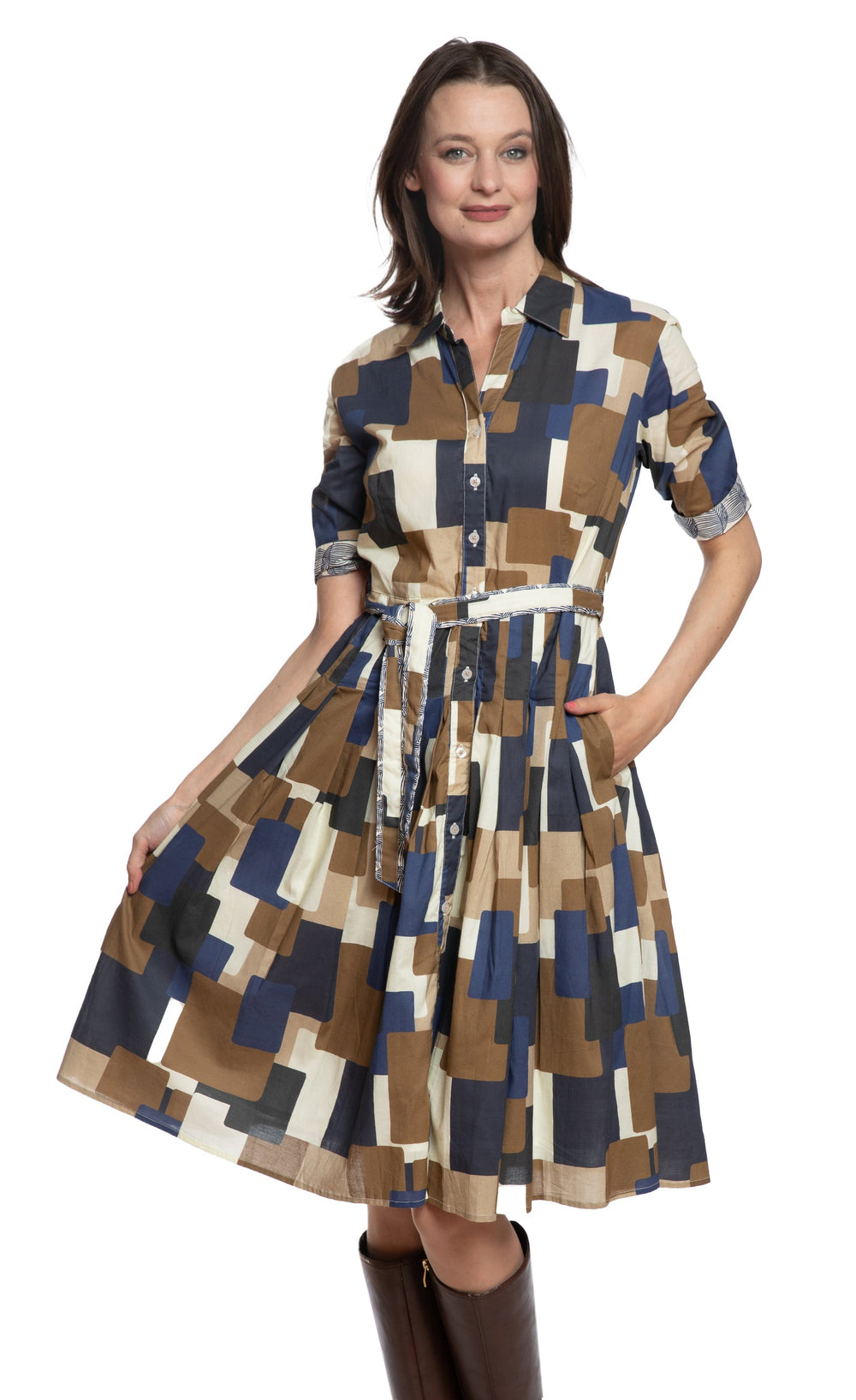 Mrs Maisel Shirtwaist Dress Chocolate Blue Squares Print from KADOU Boutique