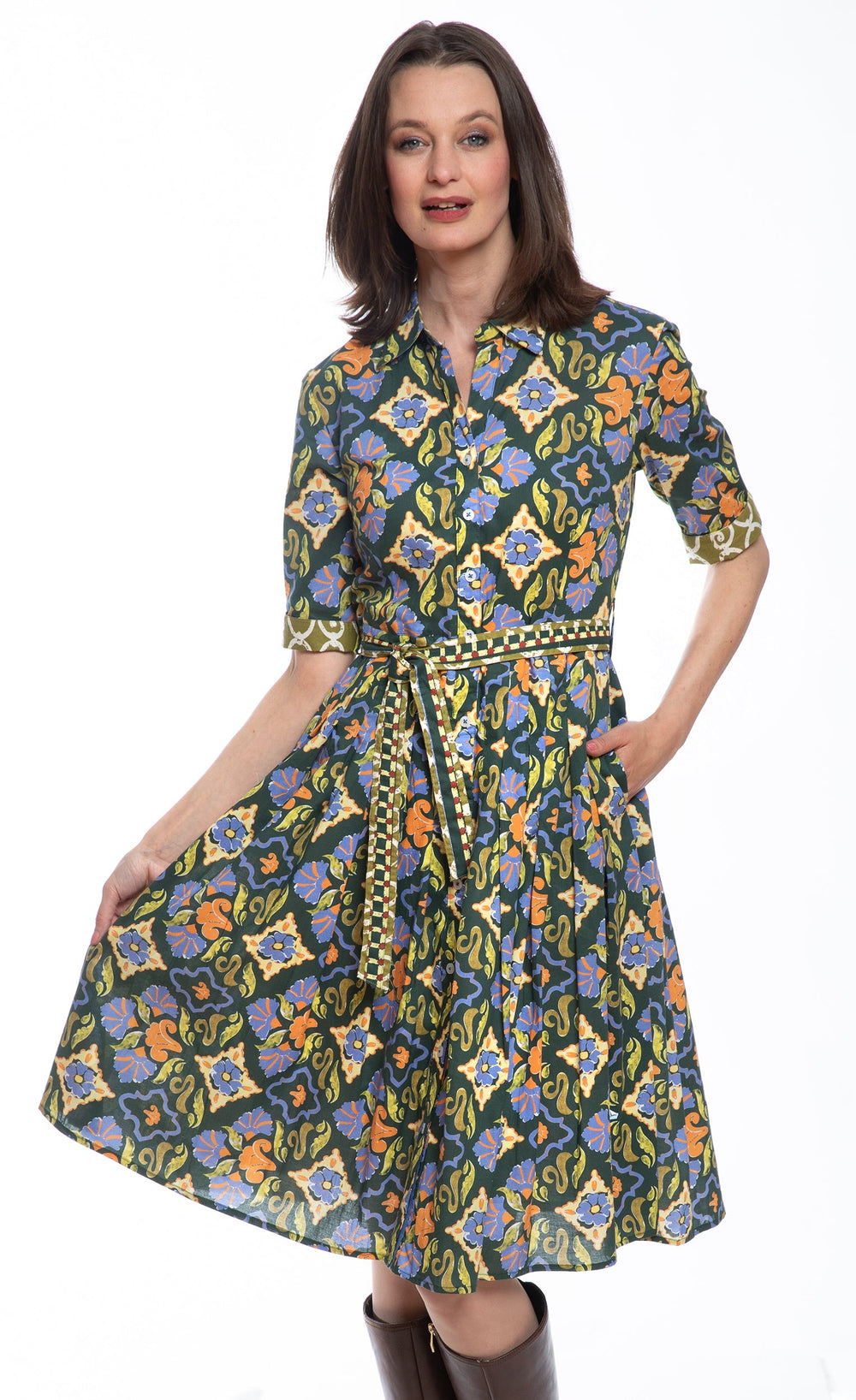 Mrs Maisel Green Rust Navy Ornate Print from KADOU Boutique