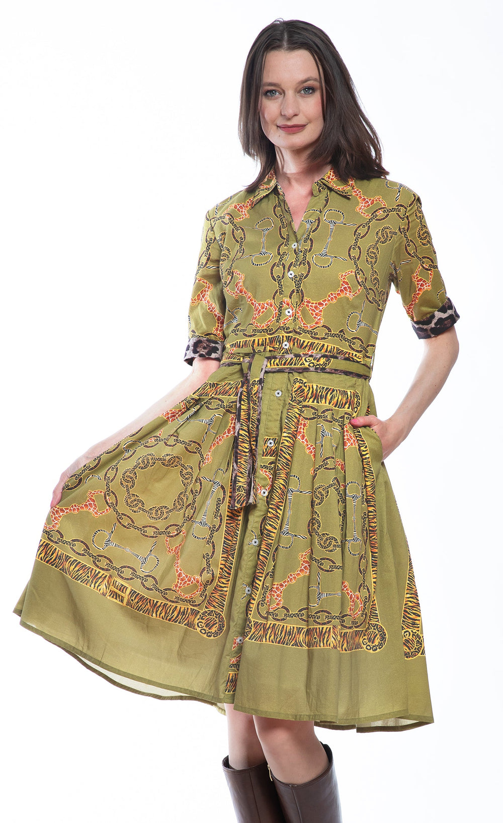 Mrs Maisel Dress Green Belt Print from KADOU Boutique