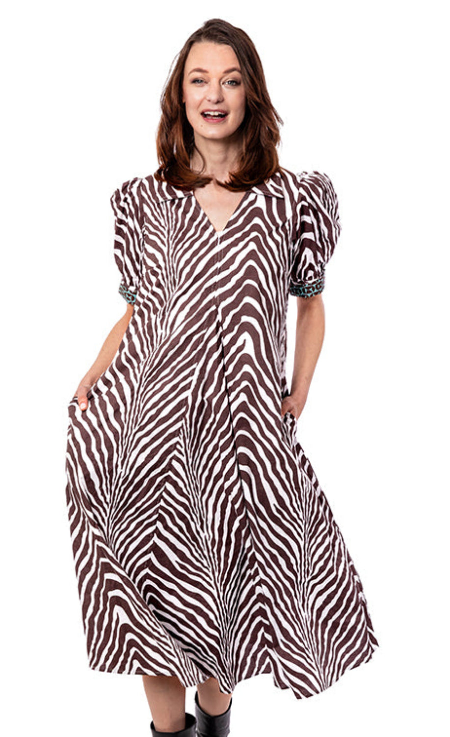 Montauk Dress Chocolate Ivory Tiger Stripes from KADOU Boutique
