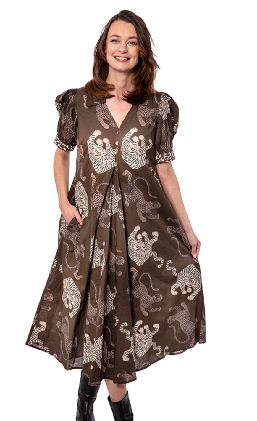 Montauk Dress Chocolate Ground with Cats from KADOU Boutique