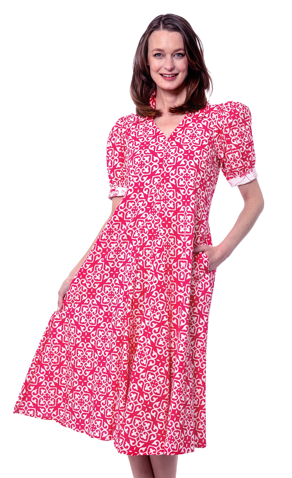 Montauk Dress Pink White Geometric from KADOU Boutique