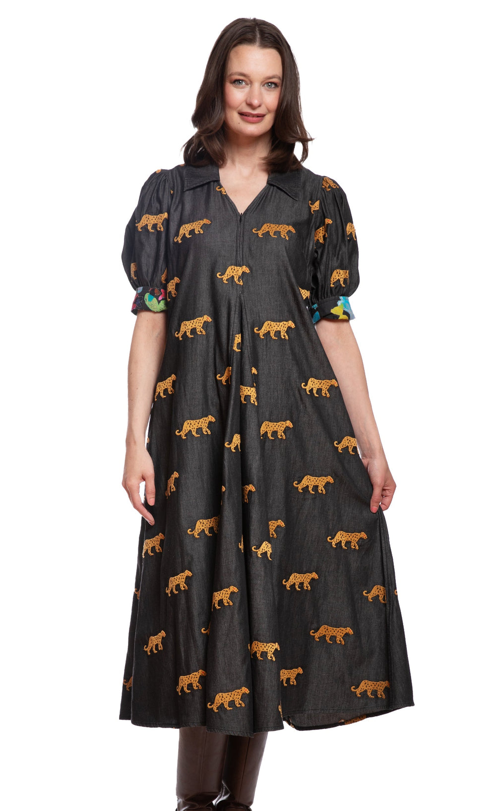 Montauk Dress Black with Embroidered Cheetahs from KADOU Boutique