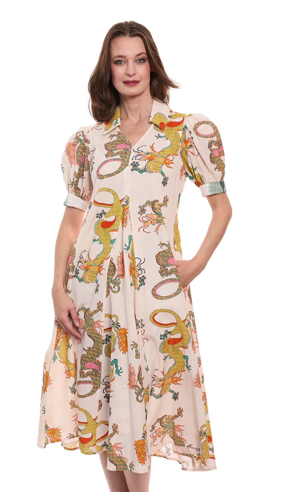 Montauk Dress Natural Dragon Print Cotton Linen from KADOU Boutique