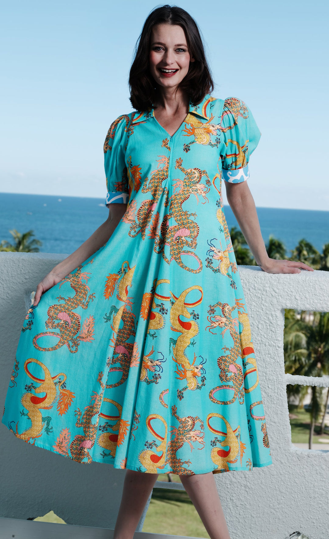 cotton turquoise dress Montauk Dress Linen Cotton Turquoise Dragons Print XS