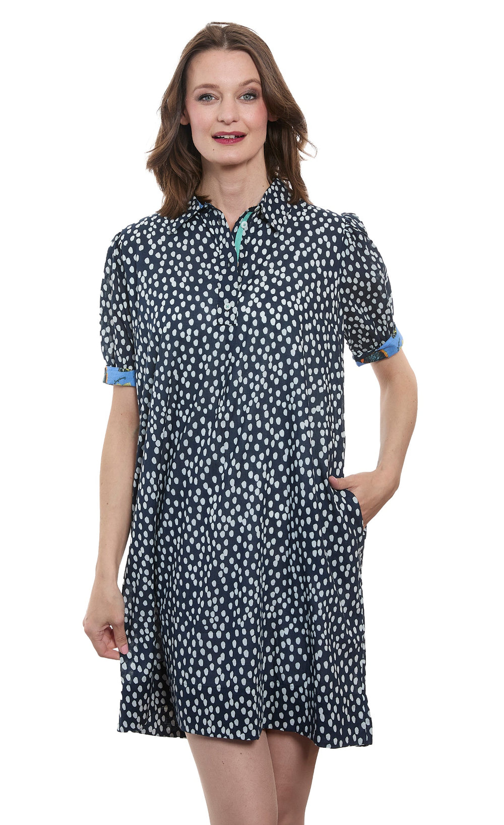 Left Bank Puff Sleeve Dress Navy White Polka Dots from KADOU Boutique