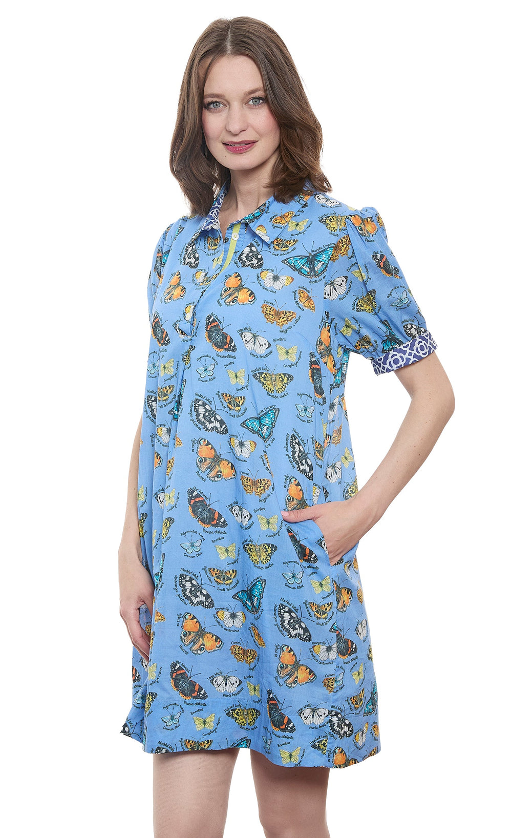 Left Bank Puff Sleeve Dress Butterfly Print On Cotton Voile from KADOU Boutique