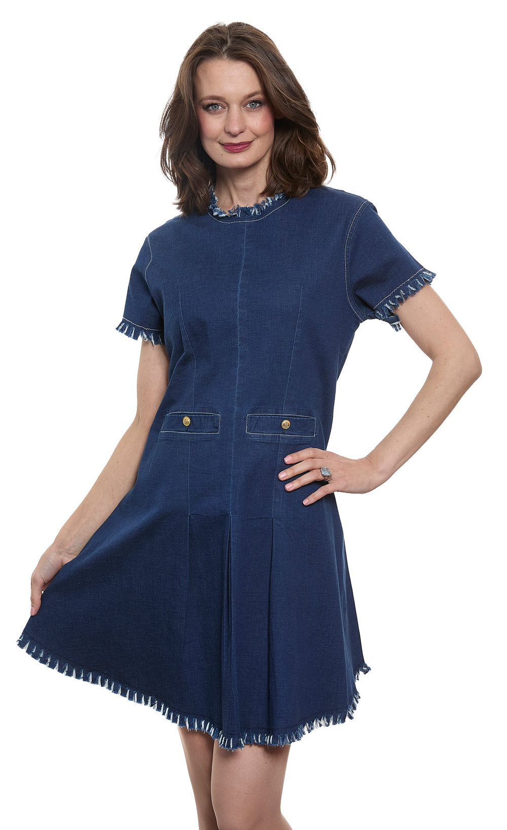 Coco Denim Dress with Fringe and Gold Buttons from KADOU Boutique