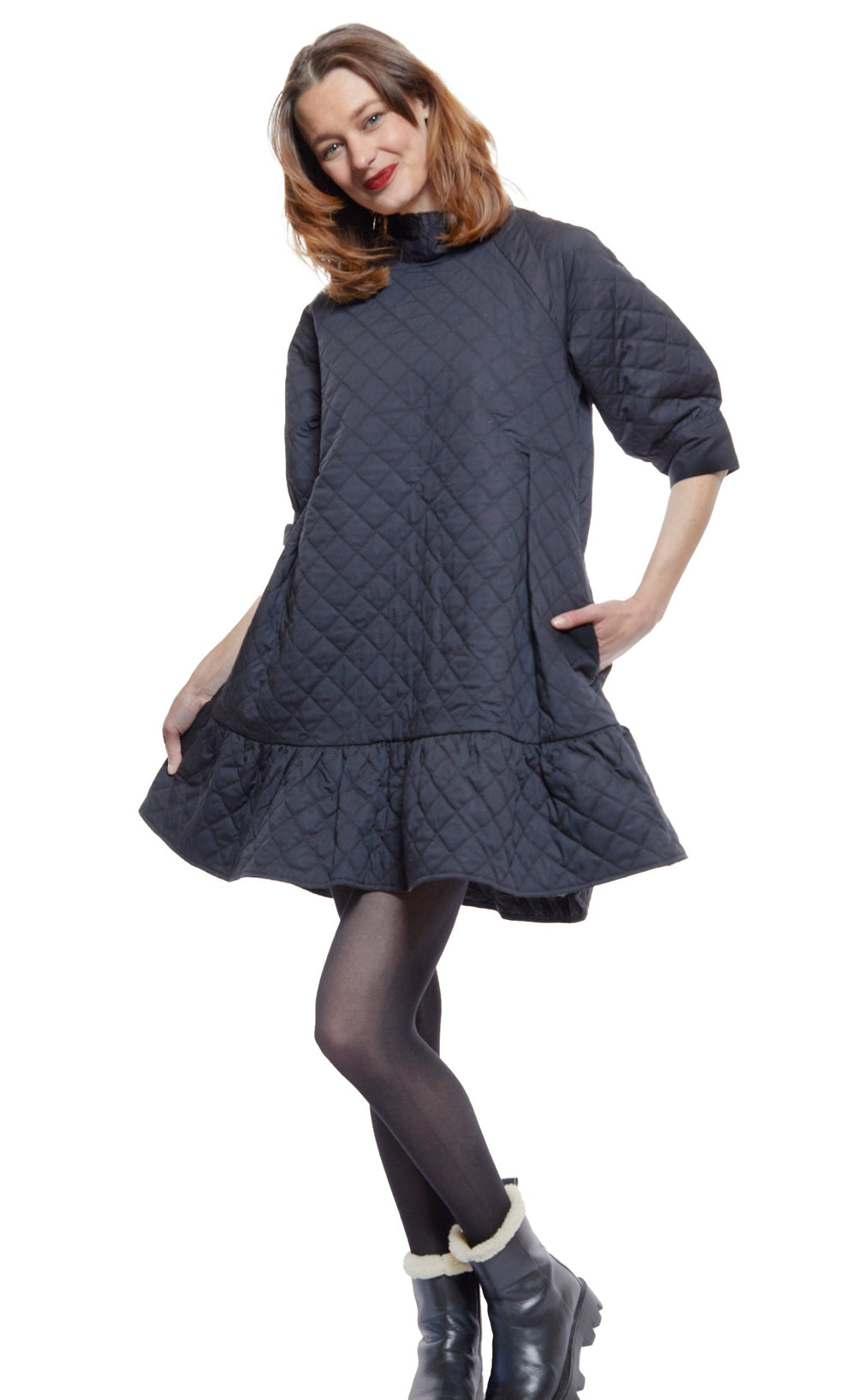 St. Tropez Softly Quilted Black Poplin Dress, Oversized Silhouette from KADOU Boutique