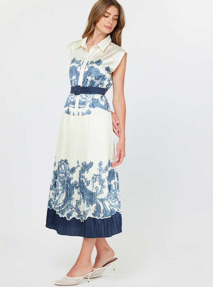 Printed Pleated Midi Shirt Dress
