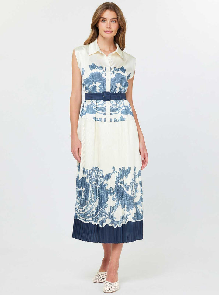 Printed Pleated Midi Shirt Dress