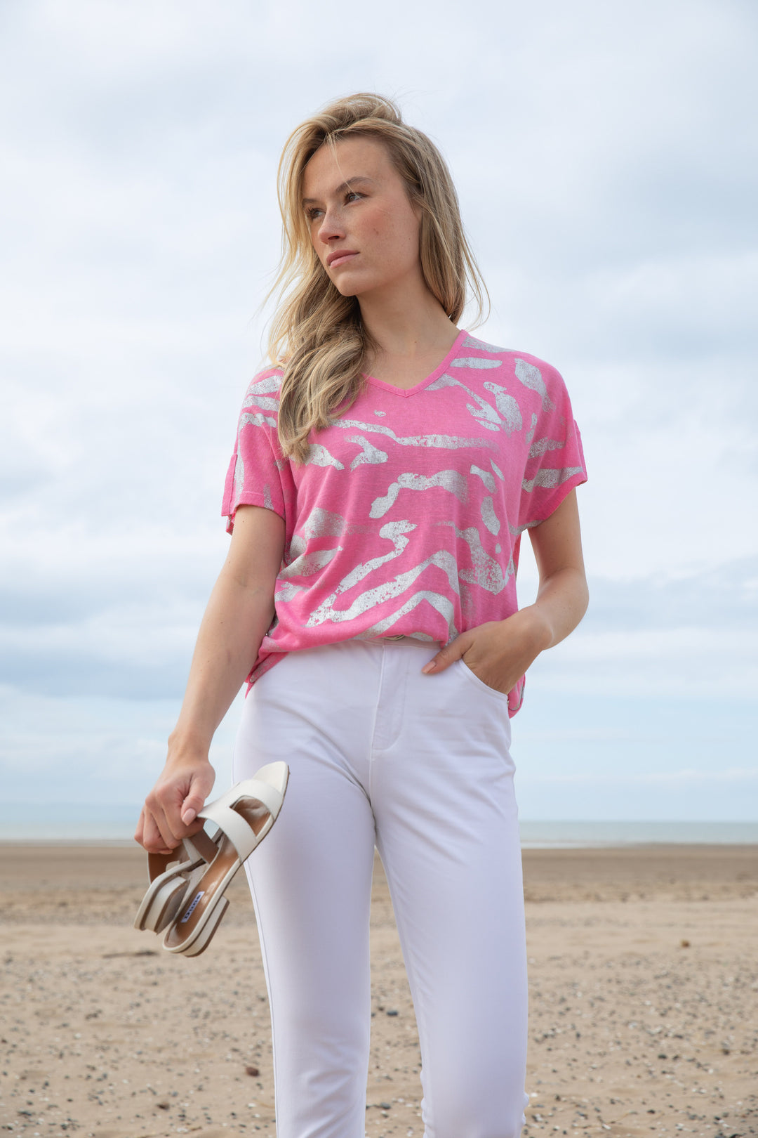 Marble V-Neck Foil Print Top