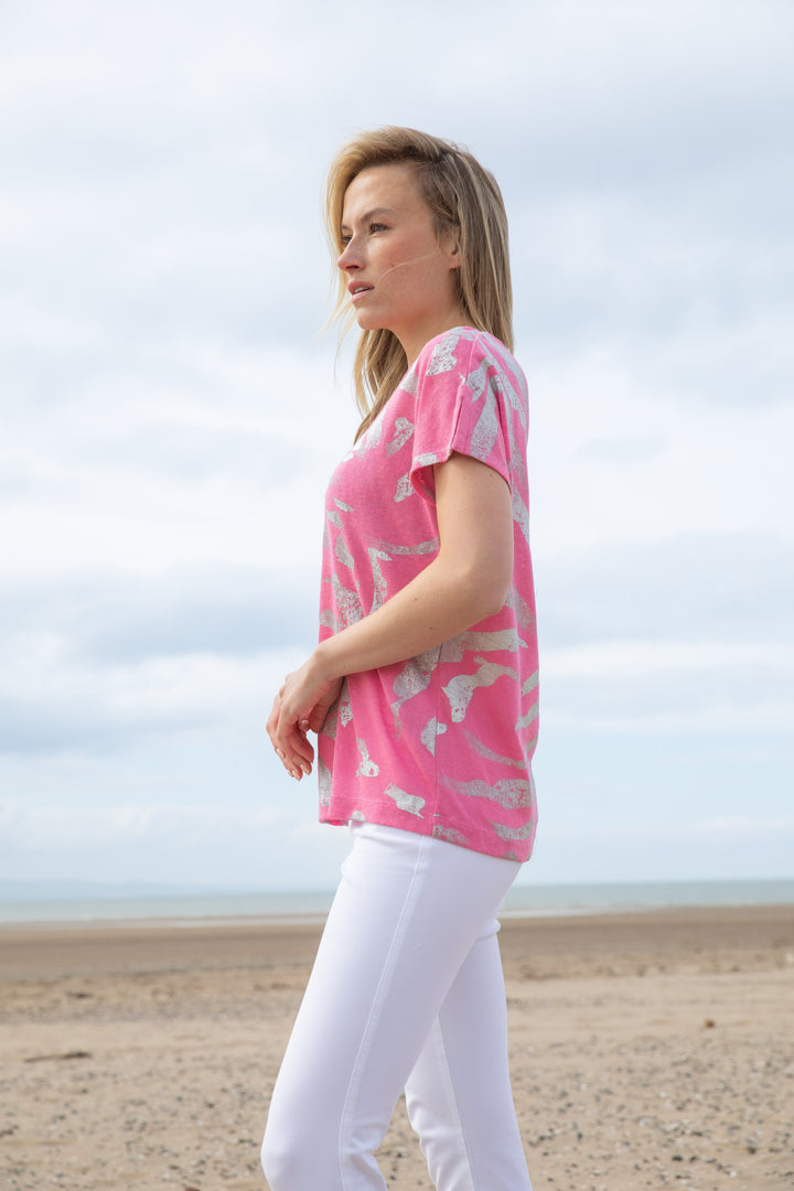 Marble V-Neck Foil Print Top, a side view.