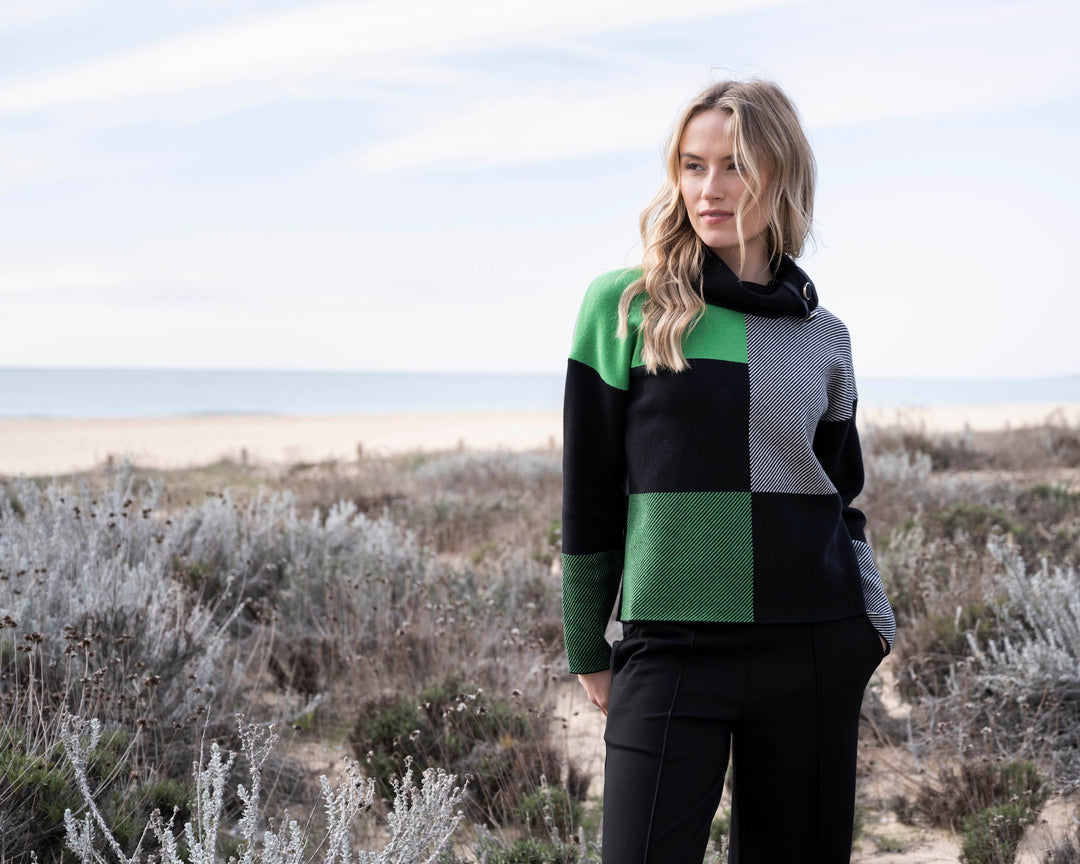 Checkered Cowl Neck Sweater