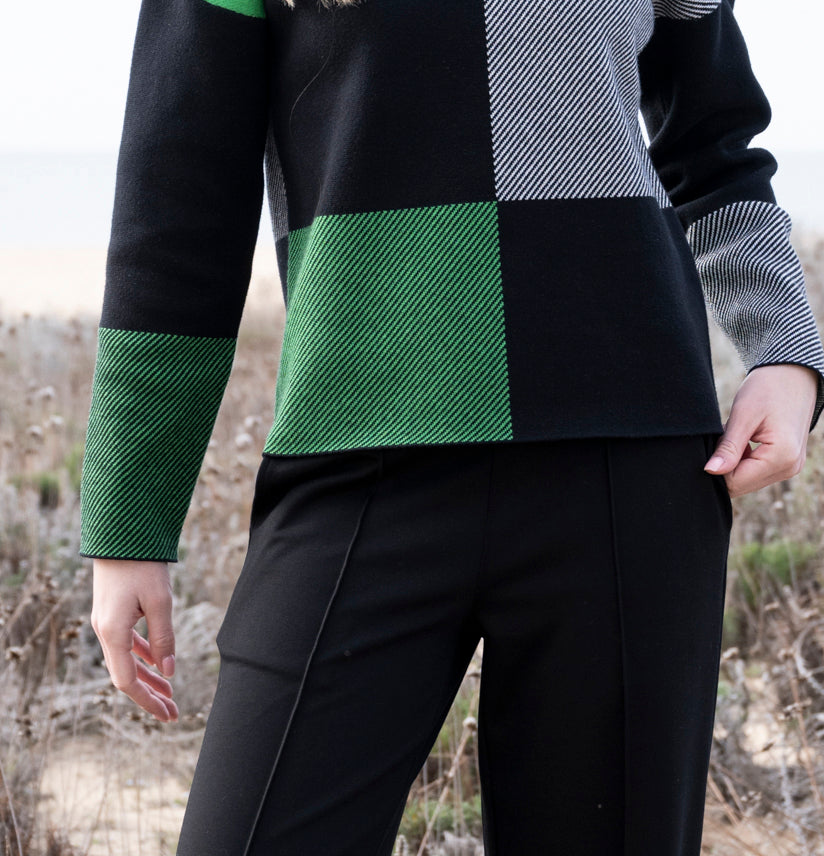 Checkered Cowl Neck Sweater