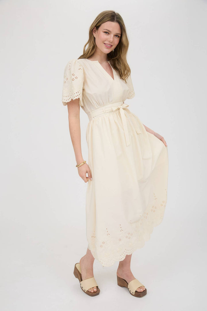 Eyelet Detail Belted Midi Dress