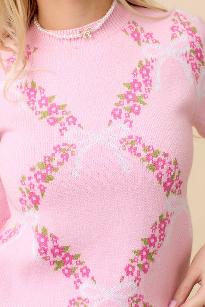 Main Strip - Floral Ribbon Print Sweater Knit Top