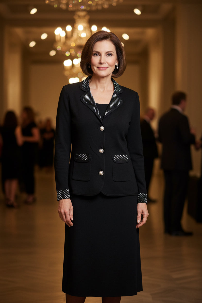 A black two-piece skirt suit with patterned trim, hanging on a hanger in front of a white door. The set includes a long-sleeve blazer-style jacket with silver-tone buttons and a matching knee-length skirt.