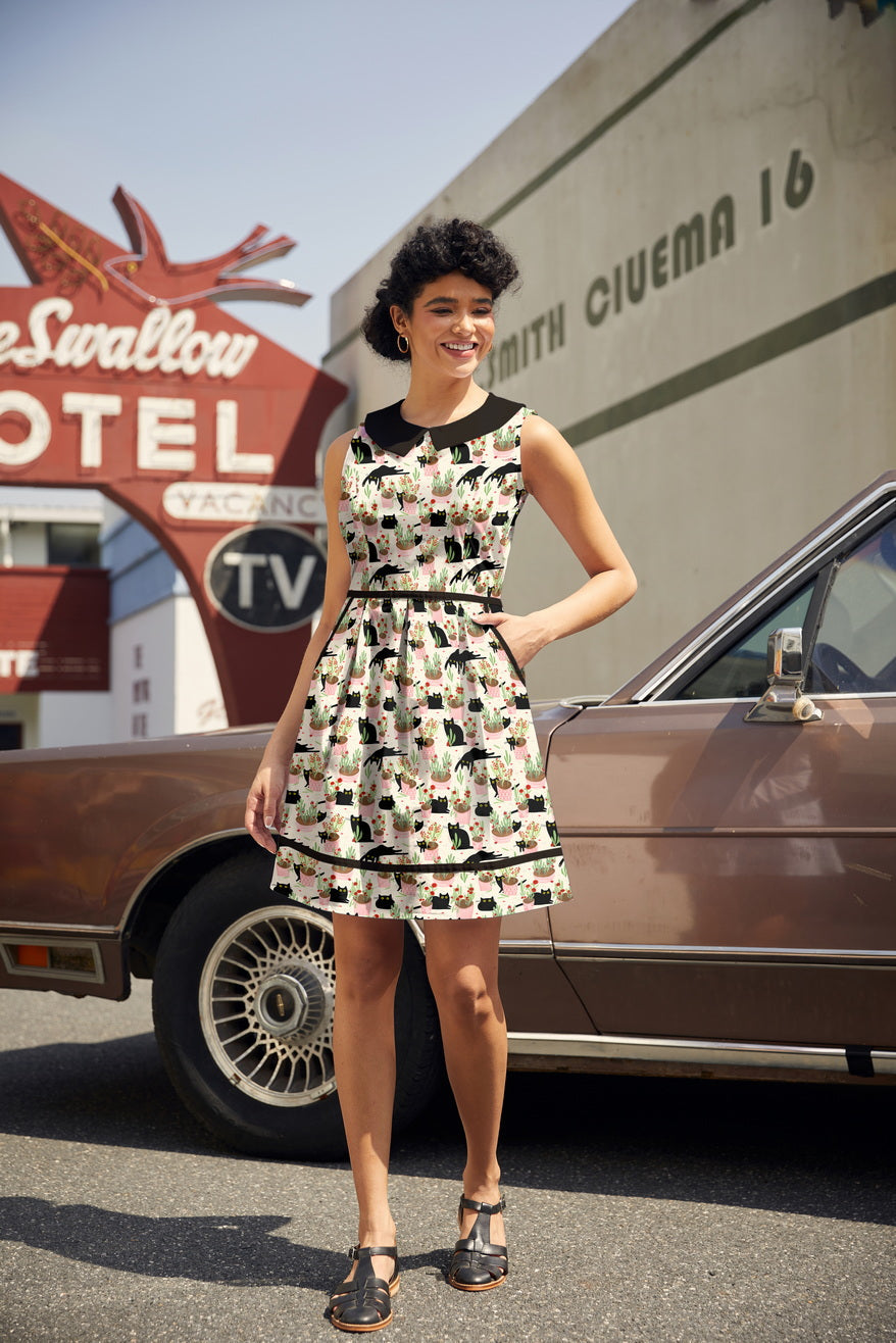 Cats &amp; Plants Collared Dress