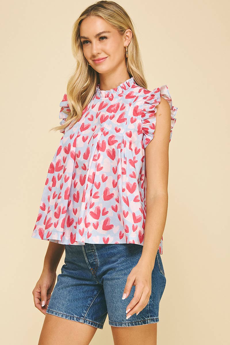 HEART PRINT RUFFLED SLEEVE TOP