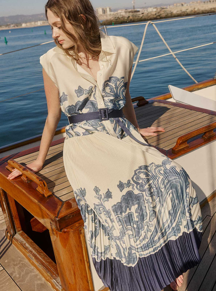 Printed Pleated Midi Shirt Dress