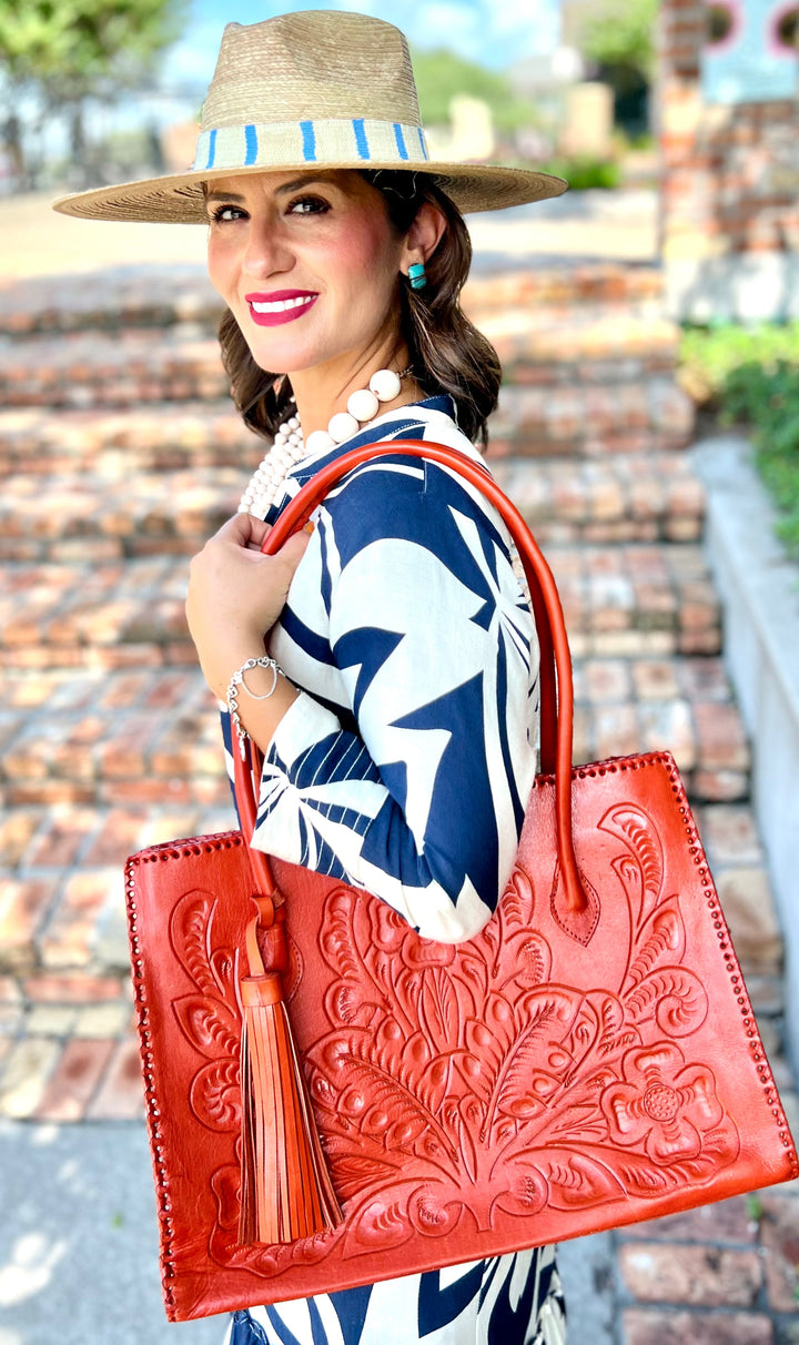 The Amy | Hand-Tooled Leather Tote Bag from KADOU Boutique