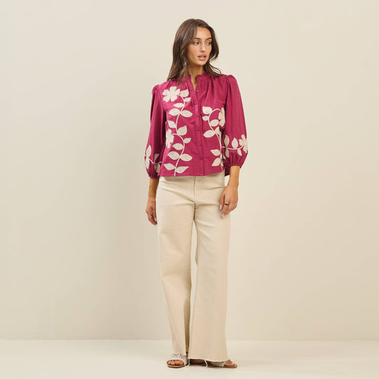 Balloon Sleeve Embroidered Cotton Blouse