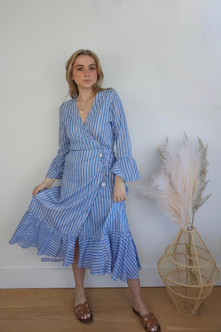 Rhode Wrap Dress in Blue Sea Stripe