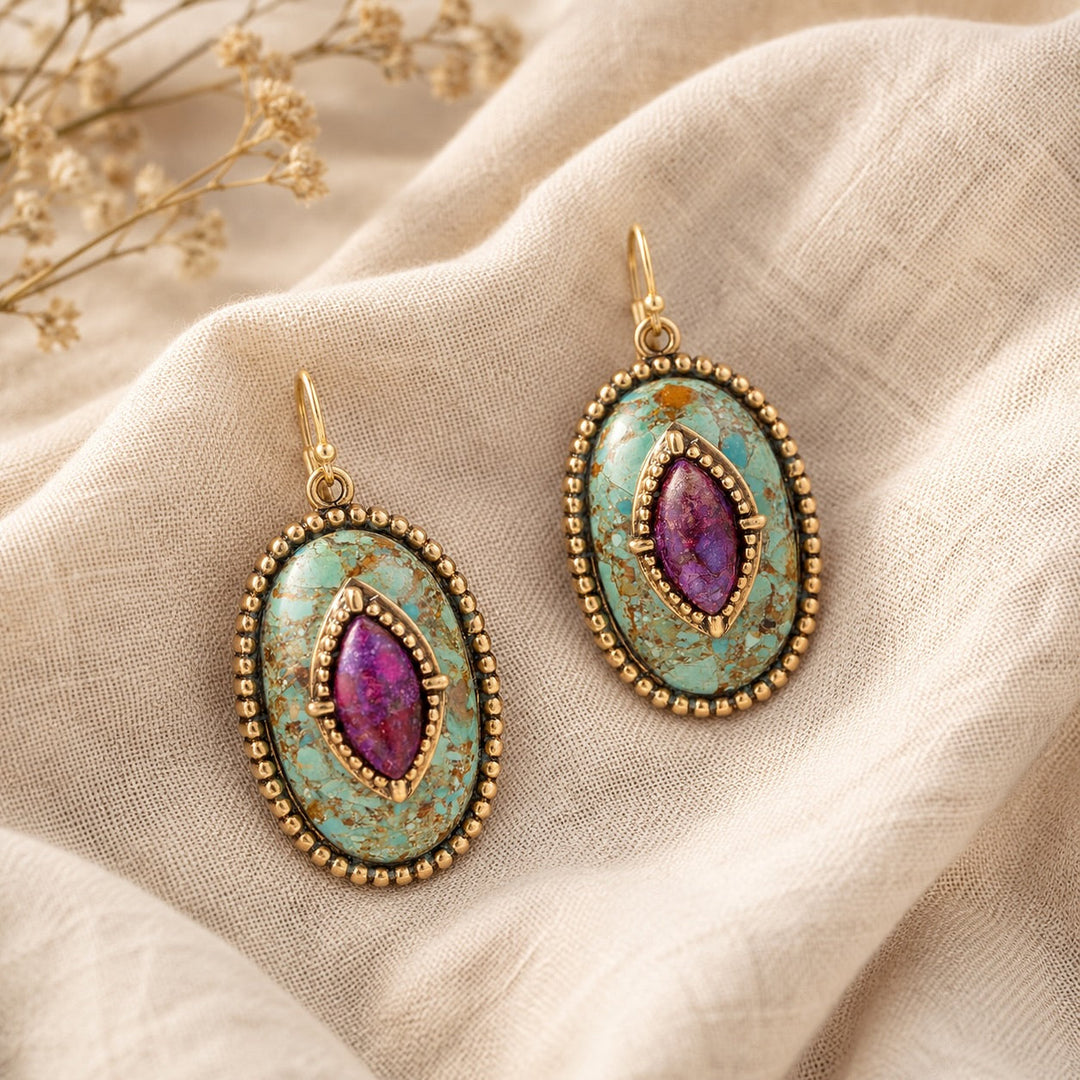 Stacked Stone Blue and Purple Turquoise Golden Drop Earrings from KADOU Boutique