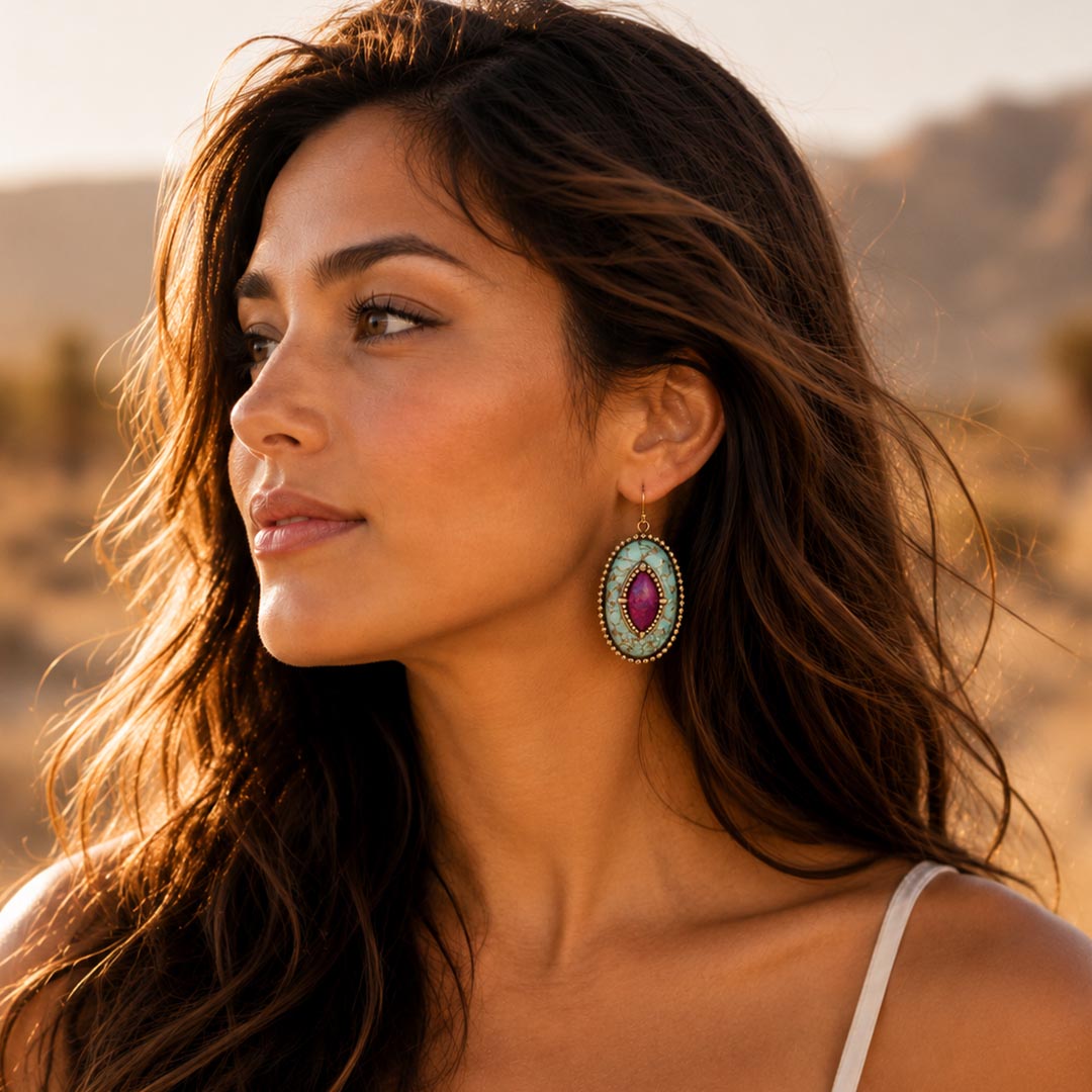 Stacked Stone Blue and Purple Turquoise Golden Drop Earrings from KADOU Boutique