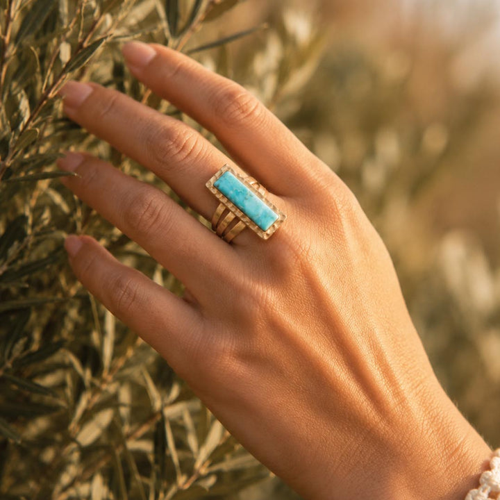 Aztec Blue Turquoise Golden Statement Ring from KADOU Boutique