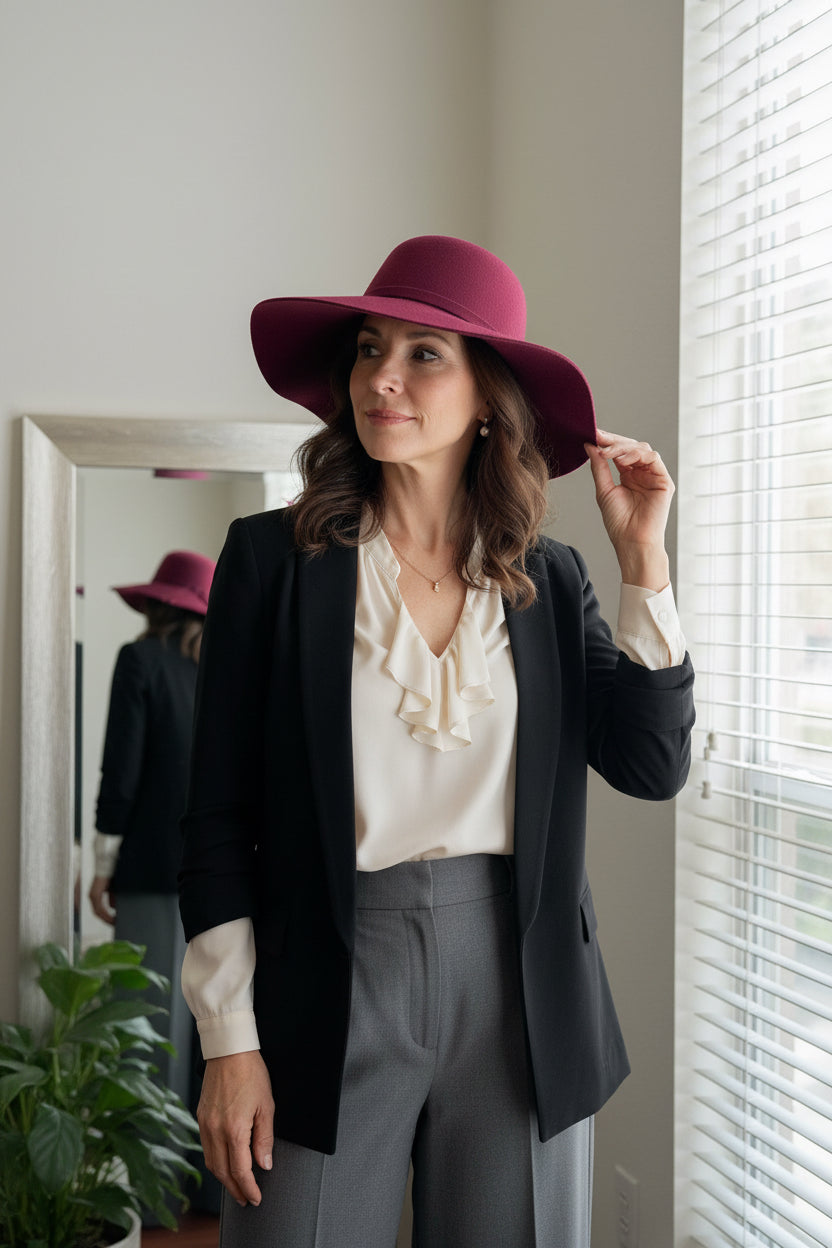 A woman wearing a wide-brimmed felt hat in deep burgundy color with gray pants, a cream top, and a black blazer over it. She is standing in a room with off white walls, a mirror, and a green plant in the background.