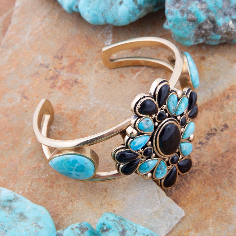 Barcelona Blue Turquoise Black Onyx Golden Cuff Bracelet from KADOU Boutique