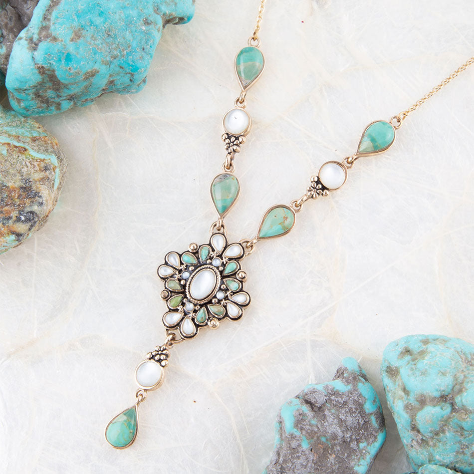 White Mother of Pearl and Blue Turquoise Golden Barcelona Y-Necklace
