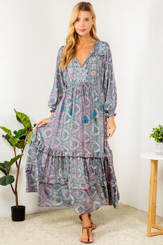 Floral Layered Maxi Dress in Blue and Purple at Kadou Boutique. Free Shipping.