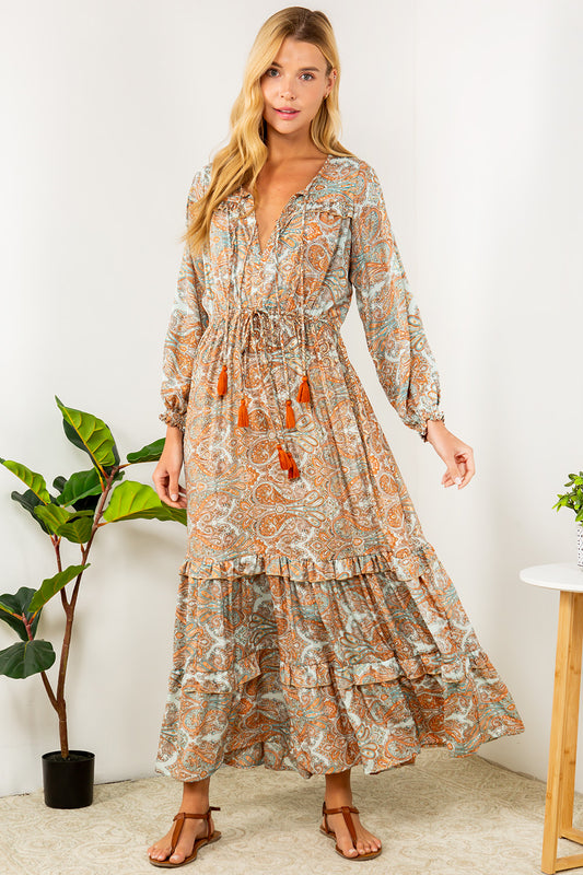Floral Layered Maxi Dress in Rust and Blue color. Available at Kadou Boutique with free shipping in the US.