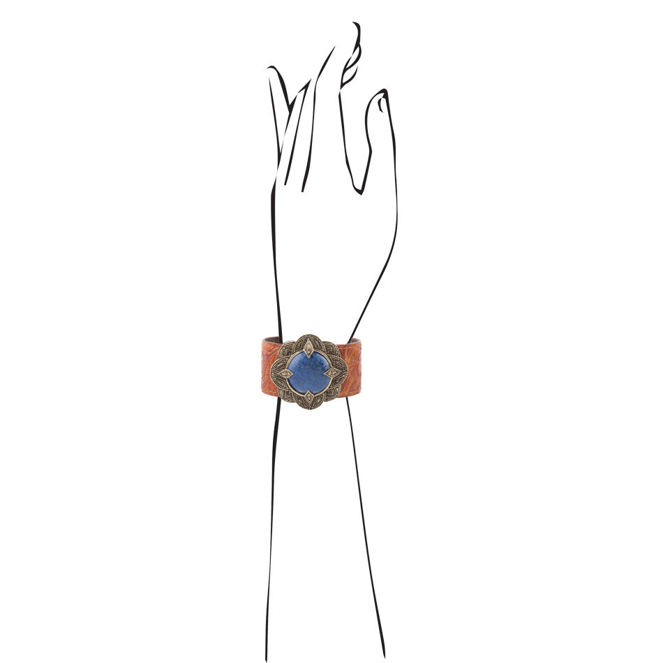 Ornate Blue Lapis Golden Leather Cuff Bracelet from KADOU Boutique