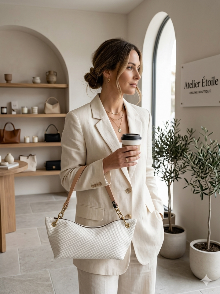 Blair-East West Shoulder Bag, White embossed leather