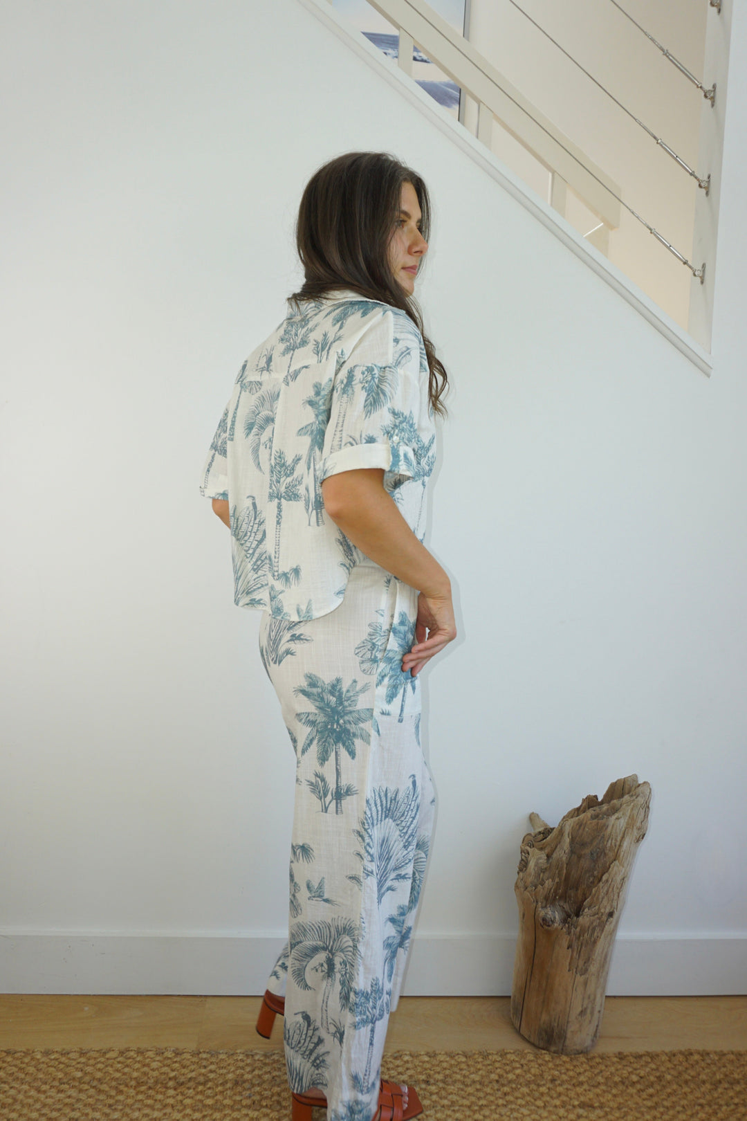 Brenna Pant in Faded Teal Palms from KADOU Boutique