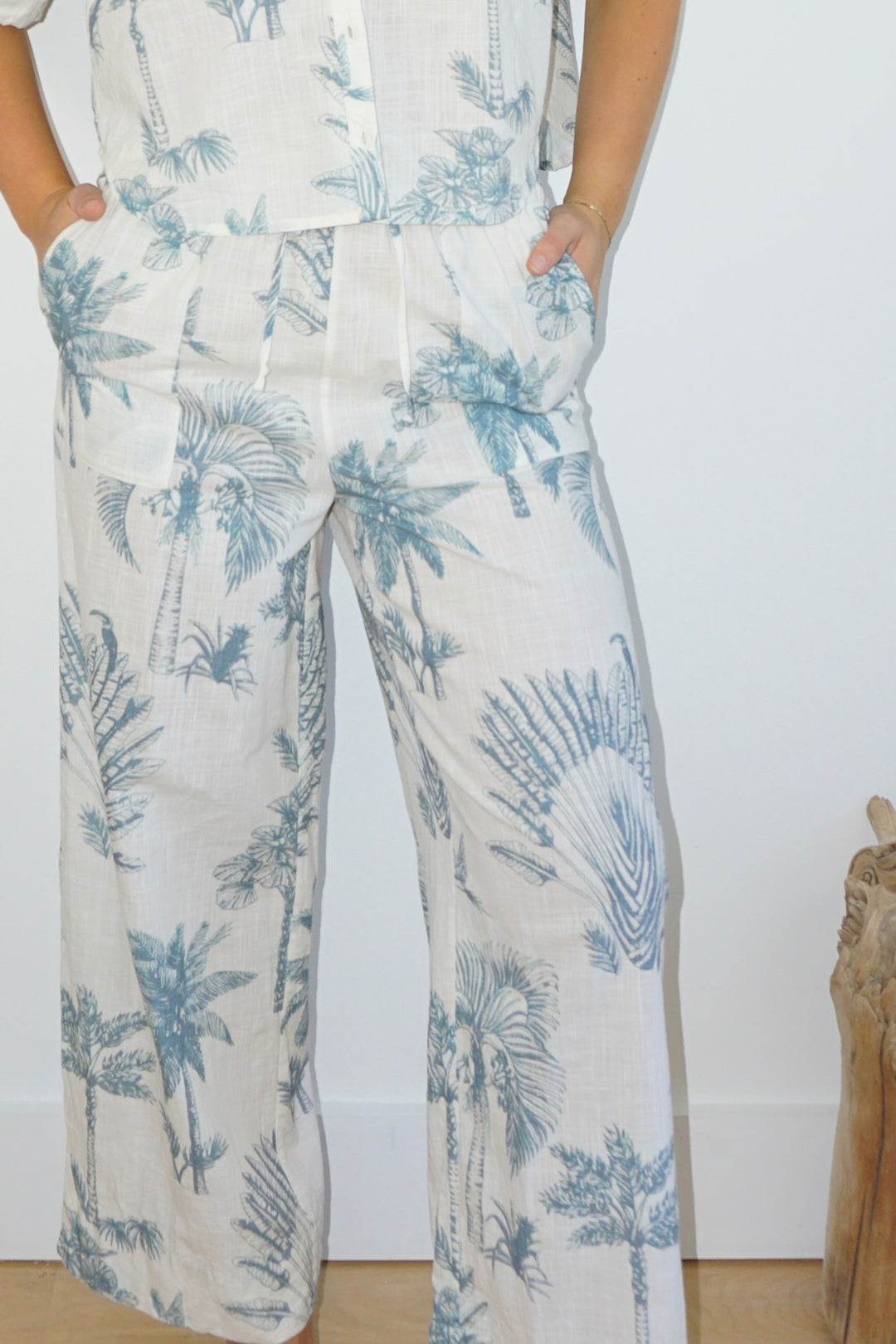 Brenna Pant in Faded Teal Palms from KADOU Boutique