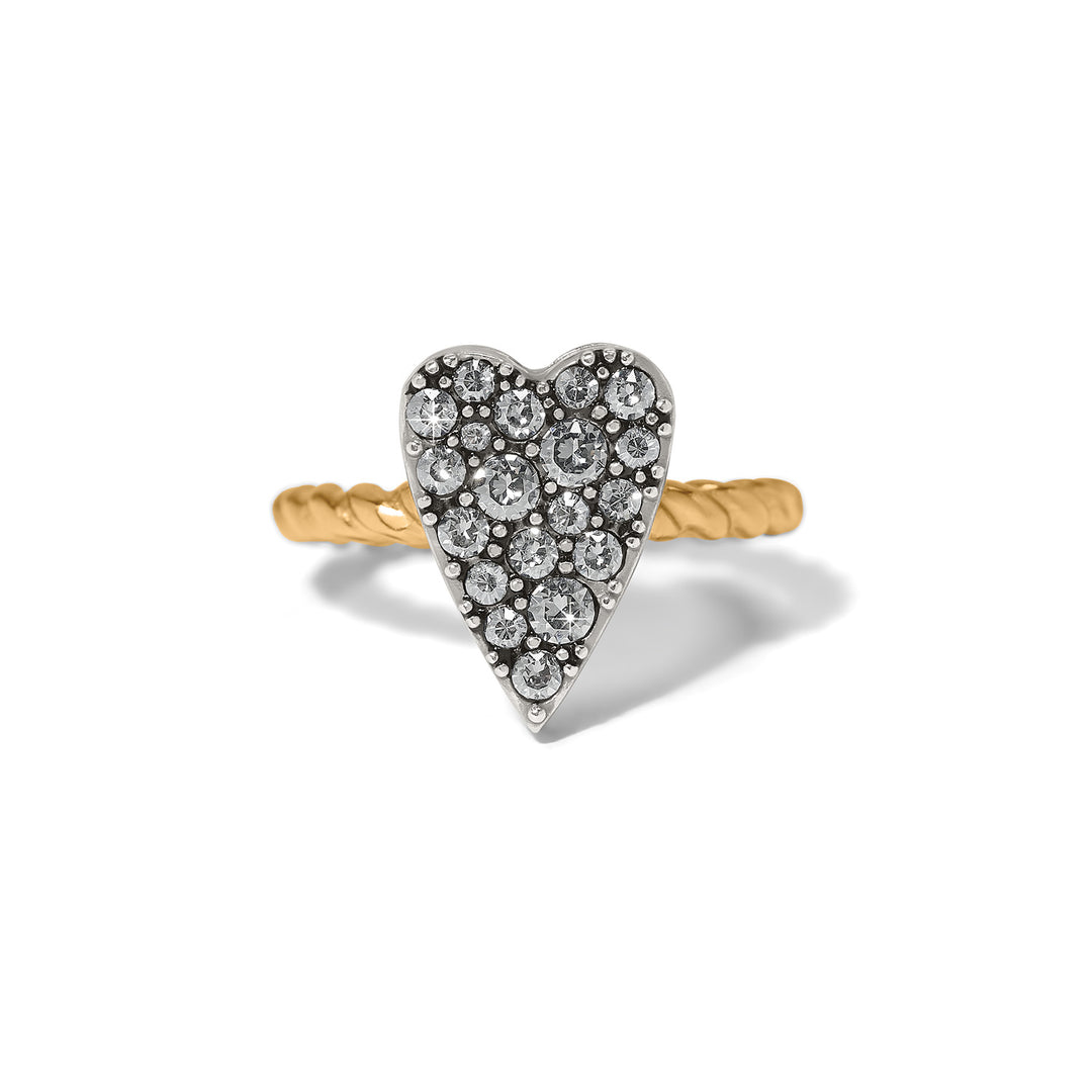 Heart-shaped ring with diamond accents on a white background